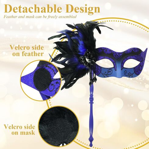 Masquerade Mask for Women with Stick, Shiny Women's Feather Mardi Gras Venetian Mask for Prom Ball Costume Party in Kuwait