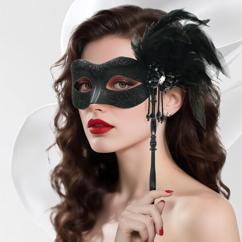Masquerade Mask for Women with Stick, Shiny Women's Feather Mardi Gras Venetian Mask for Prom Ball Costume Party in Saudi Arabia