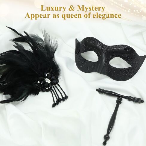 Masquerade Mask for Women with Stick, Shiny Women's Feather Mardi Gras Venetian Mask for Prom Ball Costume Party in Saudi Arabia