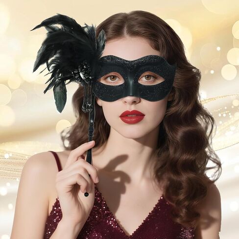 Masquerade Mask for Women with Stick, Shiny Women's Feather Mardi Gras Venetian Mask for Prom Ball Costume Party in Saudi Arabia