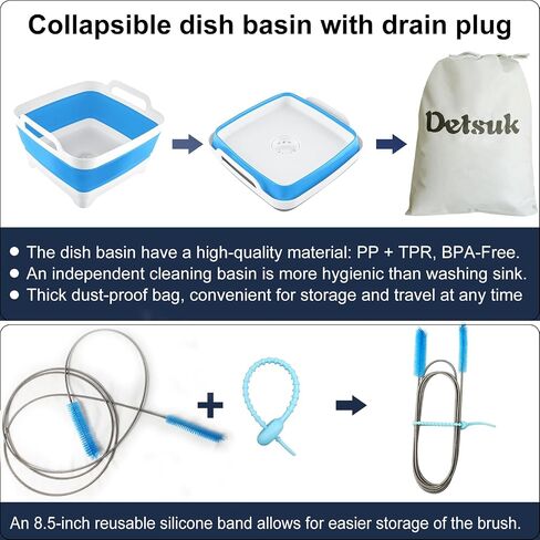 طقم فرشاة تنظيف خرطوم CPAP مع حوض قابل للطي - فرشاة أنبوبية مزدوجة الأطراف بطول 7 أقدام ومنظف صغير، حوض غسيل مضاد للانزلاق مع سدادة تصريف ومقابض، يناسب تنظيف الأنابيب مقاس 15 مم و22 مم in Saudi Arabia