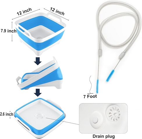 طقم فرشاة تنظيف خرطوم CPAP مع حوض قابل للطي - فرشاة أنبوبية مزدوجة الأطراف بطول 7 أقدام ومنظف صغير، حوض غسيل مضاد للانزلاق مع سدادة تصريف ومقابض، يناسب تنظيف الأنابيب مقاس 15 مم و22 مم in Saudi Arabia