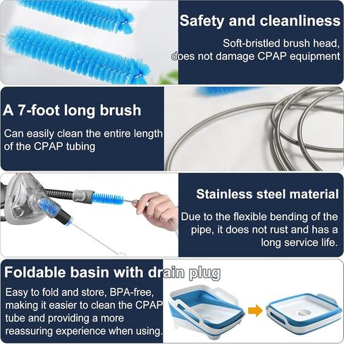 طقم فرشاة تنظيف خرطوم CPAP مع حوض قابل للطي - فرشاة أنبوبية مزدوجة الأطراف بطول 7 أقدام ومنظف صغير، حوض غسيل مضاد للانزلاق مع سدادة تصريف ومقابض، يناسب تنظيف الأنابيب مقاس 15 مم و22 مم in Saudi Arabia
