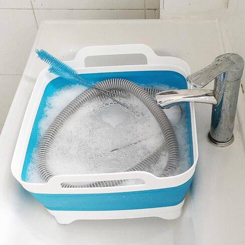 طقم فرشاة تنظيف خرطوم CPAP مع حوض قابل للطي - فرشاة أنبوبية مزدوجة الأطراف بطول 7 أقدام ومنظف صغير، حوض غسيل مضاد للانزلاق مع سدادة تصريف ومقابض، يناسب تنظيف الأنابيب مقاس 15 مم و22 مم in Saudi Arabia