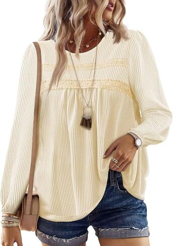 Womens Fall Tops Crewneck Long Sleeve Striped Shirts Dressy Casual Ribbed Blouses Flowy Hem Boho Clothing 2025 in Saudi Arabia