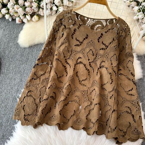 Long Batwing Sleeve Cape Tops for Women Hook Flowers Hollow Dressy Party Blouses Lace Tops in Saudi Arabia