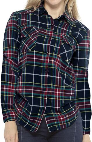 Match Womens Button Down Flannel Plaid Shirts roll up Long Sleeve Shackets Business Blouse Top in Saudi Arabia