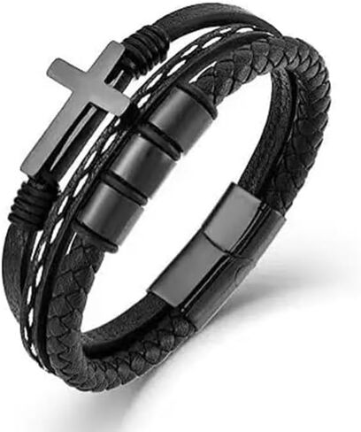Multi-Layer Braided Leather Bracelets Mens Cross Leather Bracelet Wristband Religious Leather Bracelets Men Customized Gifts in Saudi Arabia