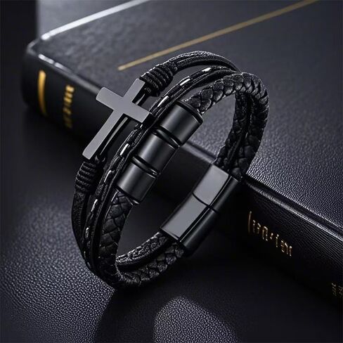Multi-Layer Braided Leather Bracelets Mens Cross Leather Bracelet Wristband Religious Leather Bracelets Men Customized Gifts in Saudi Arabia