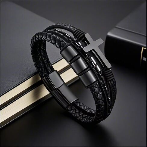 Multi-Layer Braided Leather Bracelets Mens Cross Leather Bracelet Wristband Religious Leather Bracelets Men Customized Gifts in Saudi Arabia