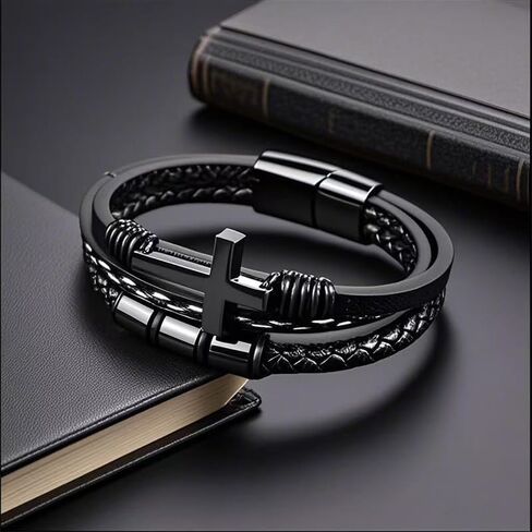 Multi-Layer Braided Leather Bracelets Mens Cross Leather Bracelet Wristband Religious Leather Bracelets Men Customized Gifts in Saudi Arabia