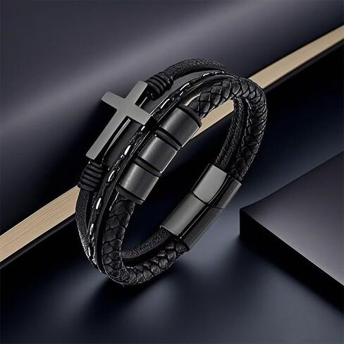 Multi-Layer Braided Leather Bracelets Mens Cross Leather Bracelet Wristband Religious Leather Bracelets Men Customized Gifts in Saudi Arabia
