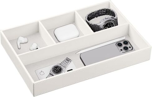 Fanousy Valet Tray Men Nightstand Organizer 4 مقصورات بو الجلود مكتب الجدول القرطاسية صندوق تخزين لمفتاح الهاتف عملة محفظة مجوهرات نظارات مستحضرات التجميل بطاقة الأعمال القلم ساعة ملاحظة ورقة in Kuwait