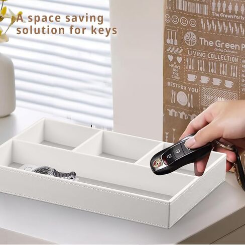 Fanousy Valet Tray Men Nightstand Organizer 4 مقصورات بو الجلود مكتب الجدول القرطاسية صندوق تخزين لمفتاح الهاتف عملة محفظة مجوهرات نظارات مستحضرات التجميل بطاقة الأعمال القلم ساعة ملاحظة ورقة in Kuwait