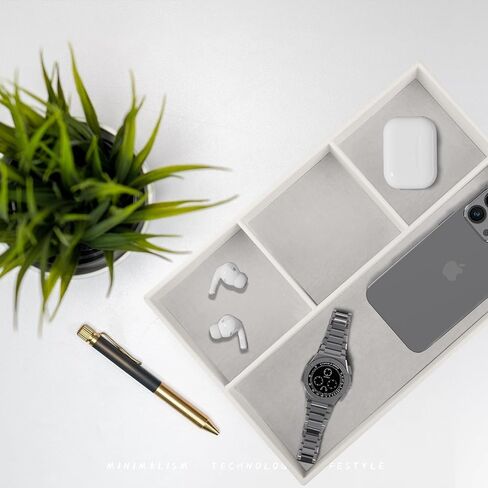 Fanousy Valet Tray Men Nightstand Organizer 4 مقصورات بو الجلود مكتب الجدول القرطاسية صندوق تخزين لمفتاح الهاتف عملة محفظة مجوهرات نظارات مستحضرات التجميل بطاقة الأعمال القلم ساعة ملاحظة ورقة in Kuwait