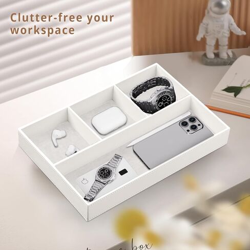 Fanousy Valet Tray Men Nightstand Organizer 4 مقصورات بو الجلود مكتب الجدول القرطاسية صندوق تخزين لمفتاح الهاتف عملة محفظة مجوهرات نظارات مستحضرات التجميل بطاقة الأعمال القلم ساعة ملاحظة ورقة in Kuwait