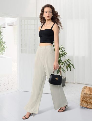 Tapata Women Wide Leg Pants High Waisted Dress Trousers Casual Elastic Pockets Business Work Slacks, Plaid Black, 18 in Kuwait