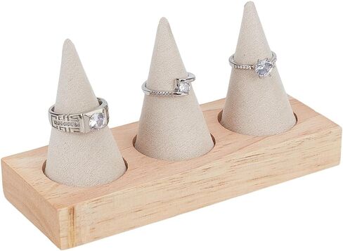 PH PandaHall Wooden Ring Holder, 3 Cone Velvet Ring Display Stands Beige Jewelry Holder Jewelry Showcase for Women Retail Exhibition Wedding Ring Holder Storage Room Decoration in Saudi Arabia