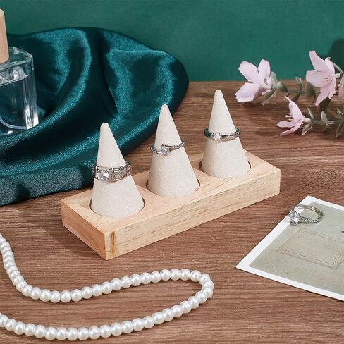 PH PandaHall Wooden Ring Holder, 3 Cone Velvet Ring Display Stands Beige Jewelry Holder Jewelry Showcase for Women Retail Exhibition Wedding Ring Holder Storage Room Decoration in Saudi Arabia