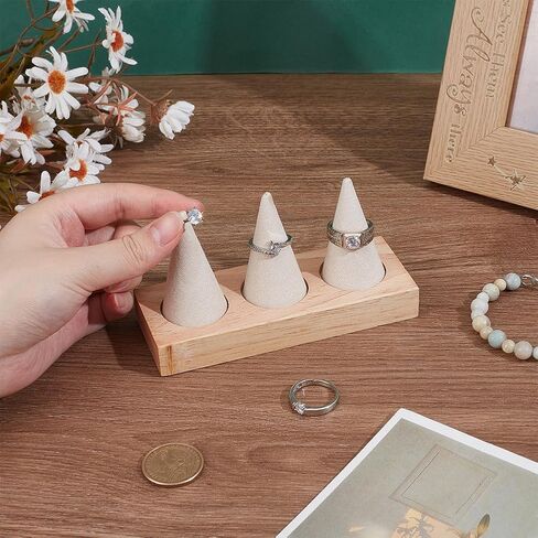 PH PandaHall Wooden Ring Holder, 3 Cone Velvet Ring Display Stands Beige Jewelry Holder Jewelry Showcase for Women Retail Exhibition Wedding Ring Holder Storage Room Decoration in Saudi Arabia