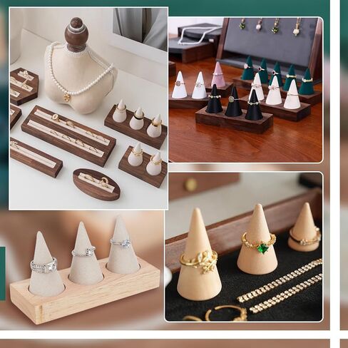 PH PandaHall Wooden Ring Holder, 3 Cone Velvet Ring Display Stands Beige Jewelry Holder Jewelry Showcase for Women Retail Exhibition Wedding Ring Holder Storage Room Decoration in Saudi Arabia