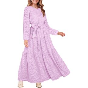 MITILLY Fall Flower Girl Dress Long Sleeve Elegant Crew Neck A-Line Elastic Waist Formal Maxi Dresses with Belt 6-12 Years in Saudi Arabia