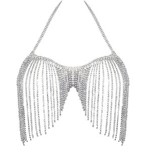 Female body chain jewelry, silver body chain bikini, tassel rhinestone jewelry, suitable for gift party holiday in Saudi Arabia