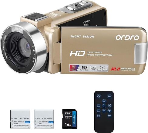 ORDRO Video Camera Camcorder Full HD 1080P 30FPS 30MP, IR Night Vision Vlogging Camera Recorder for YouTube 3.0 Inch IPS Screen 18X Zoom Camcorders with 16G SD Card, 2 Batteries Remote Control in Saudi Arabia