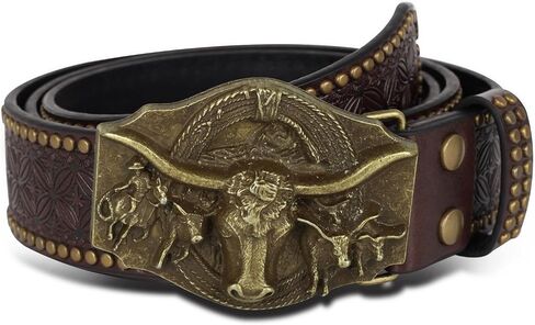 Western Cowboy Cowgirl Belt, Country Belt for Men Women, Genuine Leather Bull Buckle Belts in Kuwait