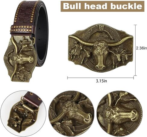 Western Cowboy Cowgirl Belt, Country Belt for Men Women, Genuine Leather Bull Buckle Belts in Kuwait