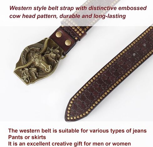 Western Cowboy Cowgirl Belt, Country Belt for Men Women, Genuine Leather Bull Buckle Belts in Kuwait