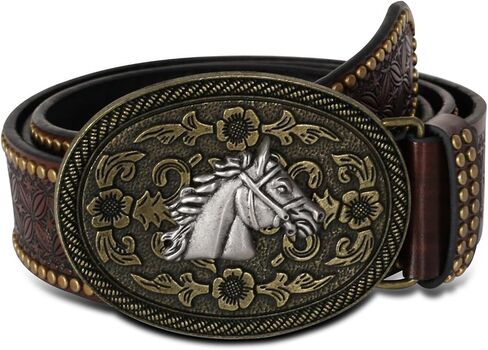 Western Cowboy Cowgirl Belt, Country Belt for Men Women, Genuine Leather Bull Buckle Belts in Kuwait