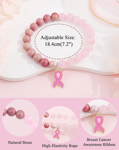 bochoi أساور التوعية بسرطان الثدي للنساء هدايا العناية بسرطان الثدي الناجين هدايا ملهمة للمرأة أفضل صديق أخت سوار الحجر الطبيعي مع الملحقات الوعي الشريط الوردي in Kuwait
