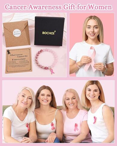 bochoi أساور التوعية بسرطان الثدي للنساء هدايا العناية بسرطان الثدي الناجين هدايا ملهمة للمرأة أفضل صديق أخت سوار الحجر الطبيعي مع الملحقات الوعي الشريط الوردي in Kuwait