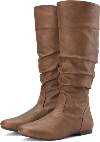 Rollda SUEDI Women's Slouchy Knee High Boots Pull On Flat Boots Side Zipper Fall Boots for Women in Kuwait