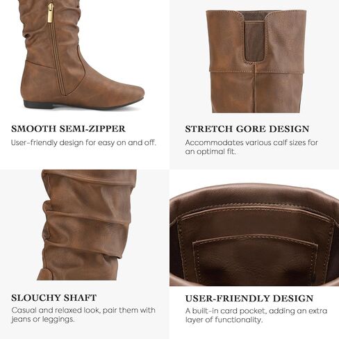 Rollda SUEDI Women's Slouchy Knee High Boots Pull On Flat Boots Side Zipper Fall Boots for Women in Kuwait
