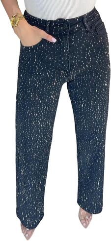 LETSVDO Women's Rhinestone Jeans Baggy High Waisted Y2k Straight Wide Leg Sparkly Glitter Bling Denim Pants Trousers in Saudi Arabia