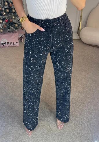 LETSVDO Women's Rhinestone Jeans Baggy High Waisted Y2k Straight Wide Leg Sparkly Glitter Bling Denim Pants Trousers in Saudi Arabia