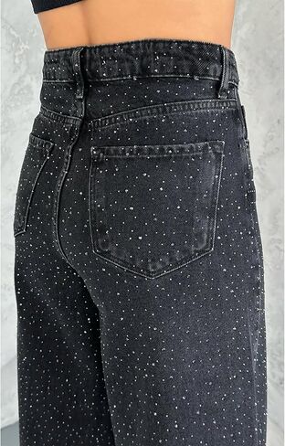 LETSVDO Women's Rhinestone Jeans Baggy High Waisted Y2k Straight Wide Leg Sparkly Glitter Bling Denim Pants Trousers in Saudi Arabia