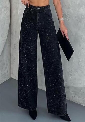 LETSVDO Women's Rhinestone Jeans Baggy High Waisted Y2k Straight Wide Leg Sparkly Glitter Bling Denim Pants Trousers in Saudi Arabia