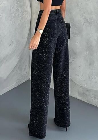 LETSVDO Women's Rhinestone Jeans Baggy High Waisted Y2k Straight Wide Leg Sparkly Glitter Bling Denim Pants Trousers in Saudi Arabia