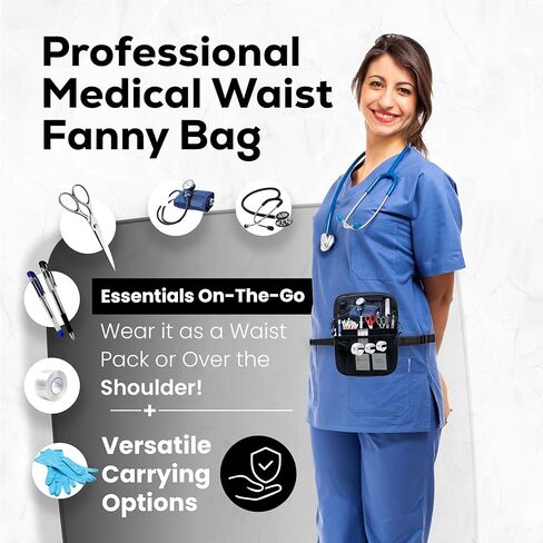 حقيبة ممرضة فاني 4 في 1 وحقيبة ممرضة | منظم الأدوات الطبية مع جيوب للشريط والمقص وسماعة الطبيب ومستلزمات الطوارئ وحقيبة الخصر لمحترفي الرعاية الصحية in Kuwait