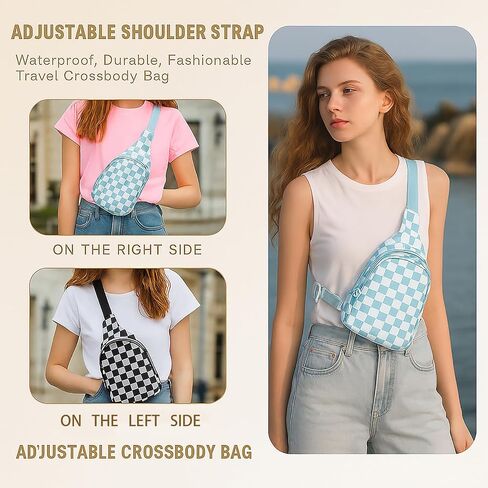 Checkered Crossbody Bag Small Crossbody Bags For Women Adjustable Waterproof Checkered Fanny Pack Chest Bag Purses for Travel (Beige) in Saudi Arabia