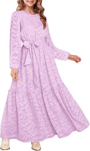 MITILLY Fall Flower Girl Dress Long Sleeve Elegant Crew Neck A-Line Elastic Waist Formal Maxi Dresses with Belt 6-12 Years in Saudi Arabia