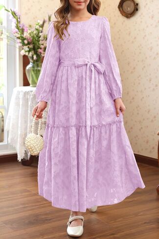 MITILLY Fall Flower Girl Dress Long Sleeve Elegant Crew Neck A-Line Elastic Waist Formal Maxi Dresses with Belt 6-12 Years in Saudi Arabia