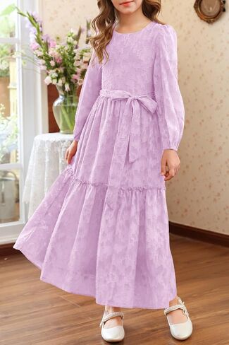 MITILLY Fall Flower Girl Dress Long Sleeve Elegant Crew Neck A-Line Elastic Waist Formal Maxi Dresses with Belt 6-12 Years in Saudi Arabia