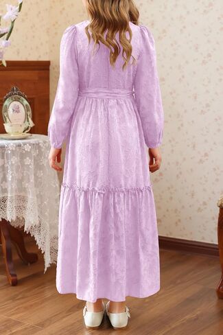 MITILLY Fall Flower Girl Dress Long Sleeve Elegant Crew Neck A-Line Elastic Waist Formal Maxi Dresses with Belt 6-12 Years in Saudi Arabia