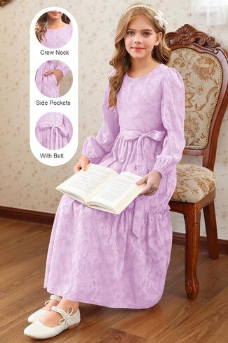 MITILLY Fall Flower Girl Dress Long Sleeve Elegant Crew Neck A-Line Elastic Waist Formal Maxi Dresses with Belt 6-12 Years in Saudi Arabia