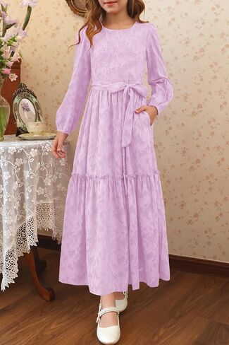 MITILLY Fall Flower Girl Dress Long Sleeve Elegant Crew Neck A-Line Elastic Waist Formal Maxi Dresses with Belt 6-12 Years in Saudi Arabia