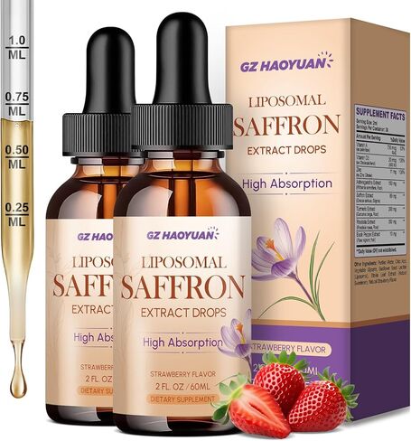 Liposomal Saffron Supplements, 89 mg Saffron Extract Liquid Drops with Ashwagandha, Turmeric, Vitamin A & D3 for Antioxidant, Immune, Mood, Energy, Focus & Sleep, Strawberry Flavor 2 Fl Oz in Saudi Arabia